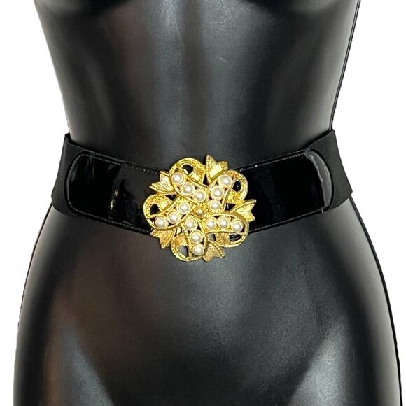 VINTAGE GOLD & PEARL STRETCH BELT 1970s 1990s RETRO ELASTIC WIDE CHUNKY SIZE M - Picture 1 of 4